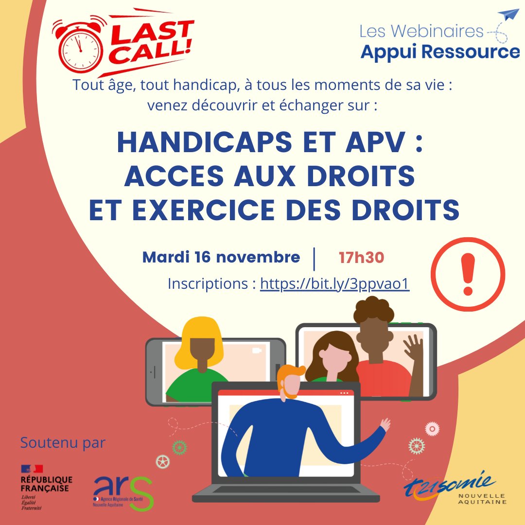 T21_NA's tweet photo. 🚨Last call : 16/11 à 17h30 pour le #webinaire « #Handicaps et APV : accès aux droits et exercice des droits » !
🆓 Inscription : https://t.co/MAGhCGYw3J
🎥Replay des webinaires : https://t.co/n79mz0ncco
🙏Soutenu par l'@ARS_NAquit 
@Nexem_actu 
#inclusion #empowerment https://t.co/rIdw0TAF13