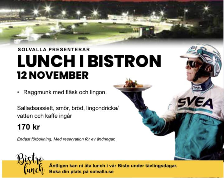 Solvalla's tweet photo. Snart är det fredag igen! Avrunda arbetsvecka anständigt med god fredagslunch samtidigt som du får spänningen från nio häftiga travlopp utanför fönstret.
Restaurang Bistron öppnar kl. 11.00. Första loppet startar kl. 12.20. 
Läs mer &amp; boka här: https://t.co/YfWZtAt0jy
Välkommen! https://t.co/ltVIRwZ2HO