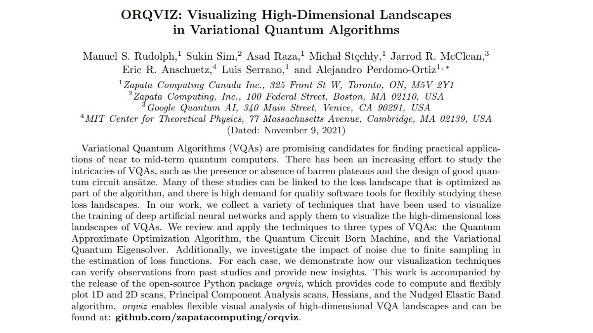 QuantumManuel's tweet image. We are very happy to introduce orqviz: An open-source Python library to flexibly visualize high-dimensional landscapes of Variational Quantum Algorithms.
arxiv.org/abs/2111.04695 and github.com/zapatacomputin…
Check out this thread for applications we explore in the paper. 1/6
