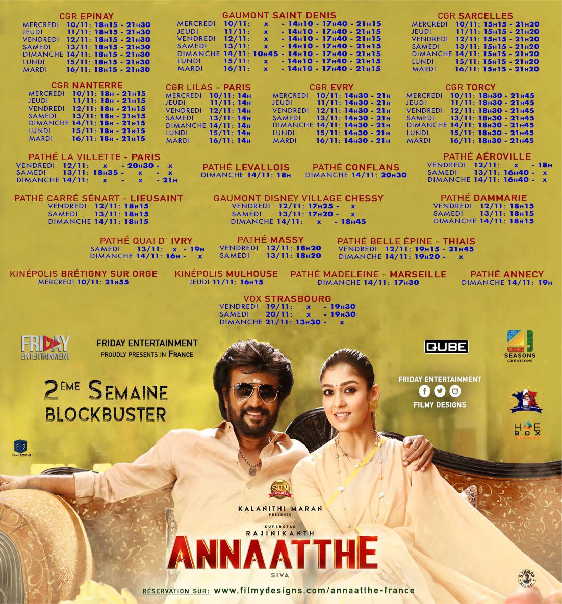 #Annaatthe | 2nd week show time @rajinikanth #France 🇫🇷 + 12 000 entries | 5days

@directorsiva #Nayanthara @KeerthyOfficial @immancomposer @prakashraaj @khushsundar @Actressmeena16 @AntonyLRuben @dhilipaction @vetrivisuals #AnnaattheDeepavali