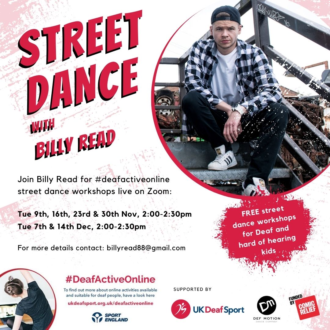 DefMotion's tweet photo. Today I begin my new Street Dance classes live on Zoom!

Beginners Street Dance for kids aged 8-13 yrs (Deaf, HoH, hearing kids), 2:00-2:30pm.

Classes are FREE and run every Tuesday for 6 weeks. #DeafActiveOnline #deafdance https://t.co/6jjgupIA53