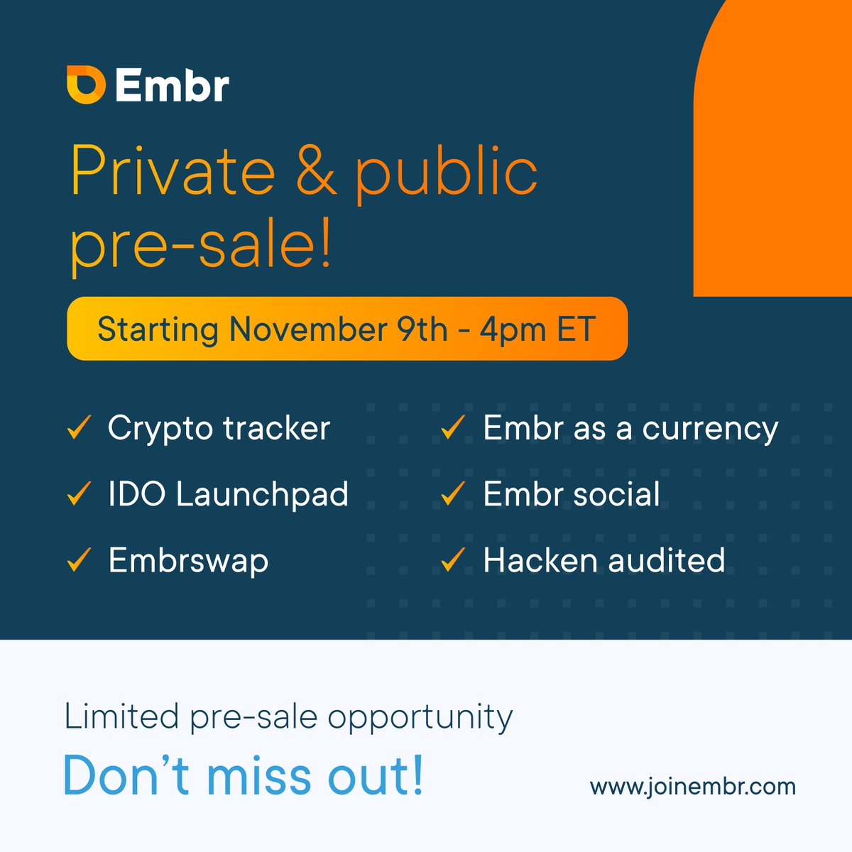 djs_crypto's tweet photo. Less than 8 hours to go!
Embr Private sale is just around the corner!
Check eligibility here
https://t.co/CidxzAYoQk
Dont miss out!
#JoinEmbr #EmbrEcosystem #EmbrToken #bsc #binance #altcoins #BinanceSmartChain #shiba #cryptocurrecy #crypto #bitcoin #ETH https://t.co/KPrRkZnFRS