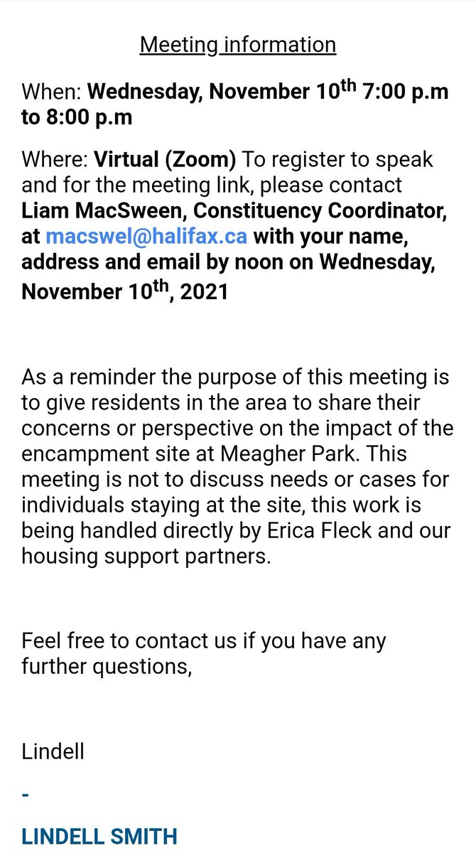 HolaHFX's tweet image. Meeting regarding People's Park has been rescheduled by @LindellSmithHFX 
The meeting seems designed to exclude the residents of the park by making it virtual,stating you need to provide your address(!!) &amp;amp; whether you intend to speak (there is no agenda)

#Halifax @PADScommunity