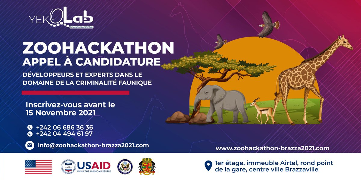 🎯 Le Gouvernement des États-Unis fait appel aux talents congolais🇨🇬 pour proposer des solutions digitales pour sensibiliser le public et l’éduquer sur la criminalité liée aux espèces sauvages et aux forêts Inscrivez-vous 👉 zoohackathon-brazza2021.com/register