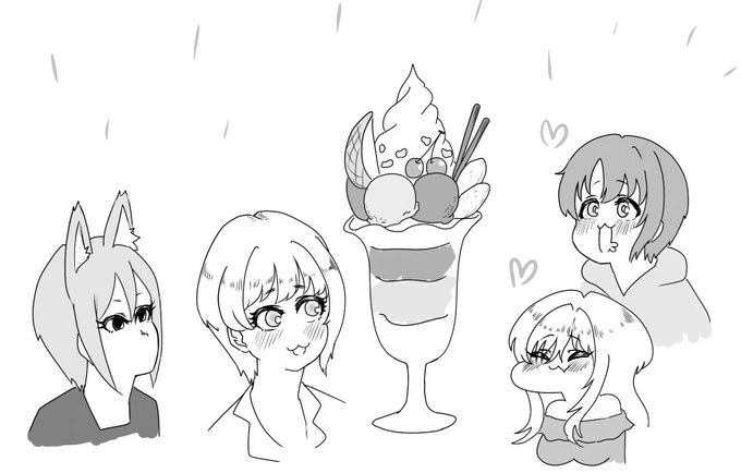 @FlickaP_zoffy ありがとうございます。今後も手癖アイドルを増やしていく所存です(画像はデカいパフェと対面する宮本フレデリカさんと手癖アイドル) 