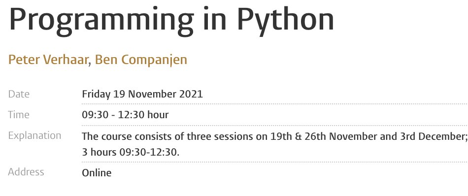 Centre for Digital Scholarship (@cdsleiden) on Twitter photo Interested in learning the basics of programming in Python? <a href="/CDSLeiden/">Centre for Digital Scholarship</a> <a href="/UBleiden/">UBLeiden</a> is organising an accessible introduction to programming in Python for <a href="/UniLeidenNews/">Leiden University</a> staff. Check out dates, program and register ➡️edu.nl/pd66p Interested in learning the basics of programming in Python? <a href="/CDSLeiden/">Centre for Digital Scholarship</a> <a href="/UBleiden/">UBLeiden</a> is organising an accessible introduction to programming in Python for <a href="/UniLeidenNews/">Leiden University</a> staff. Check out dates, program and register ➡️edu.nl/pd66p