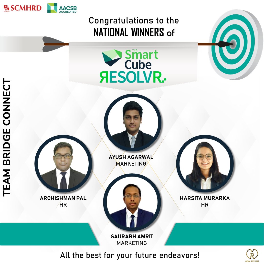 SCMHRDian's tweet photo. We extend our heartiest congratulations to Team Bridge Connect, consisting of Archishman Pal, Ayush Agarwal, Harsita Murarka, and Saurabh Amrit, for emerging as the National Winners of Smart Cube Resolvr 2021.
#Resolvr #SmartCube #SCMHRDxp https://t.co/bTL1qFThx7