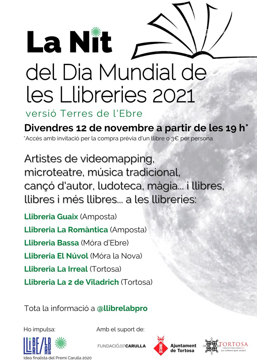 🗓️ Divendres 12 de novembre a partir de les 19h, les llibreries de les terres de l'ebre celebren La Nit del Dia Mundial de les Llibreries! 

<a href="/bassa1903/">Bassa, La Papereria</a> <a href="/la2deViladrich/">Llibreria Viladrich</a> <a href="/EspaiGuaix/">Espai Cultural Guaix</a>
<a href="/LaRomanticaLL/">Helena - Llibreria La Romàntica</a> <a href="/LaIrrreal/">La Irreal</a> El Núvol

Amb el suport: <a href="/FundacioCarulla/">Fundació Carulla</a> <a href="/tortosacultura/">Tortosa Cultura</a> i <a href="/llibrelabpro/">Llibrelab</a>