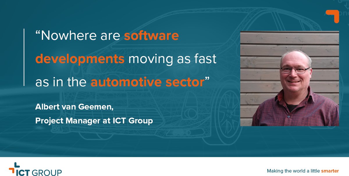 ICT_Group's tweet photo. Developments in the automotive sector are moving at lightning speed. Cars are rapidly evolving into "moving computers". – Albert van Geemen, Project Manager ICT Group: https://t.co/yPl3G9XHrN
#ictgroup #challengeyourself #automotive #softwaredevelopment https://t.co/qKwzSTUfq8