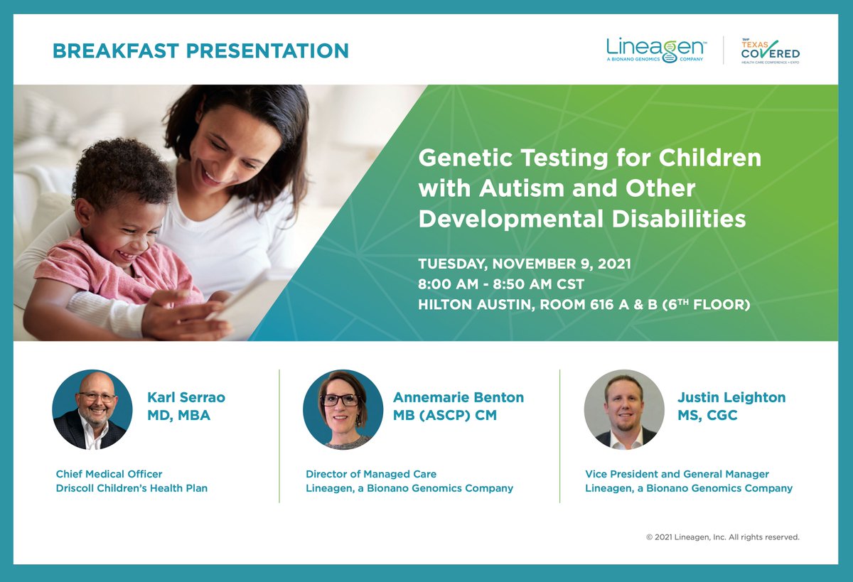 Lineagen_Inc's tweet photo. Are you at the @txhealthplans Texas Covered Conference? Learn about how we’re impacting Genetic Testing for Children with Autism and Other Developmental Disabilities in Room 616 A&amp;B at 8am today! #TAHP2021 https://t.co/Eo9ieKlTWI