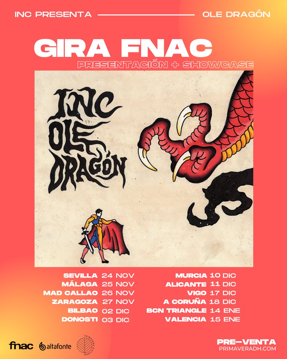 INC (@inc_banda) on Twitter photo 🔥OLE DRAGÓN a la venta en formato físico y digital el 26 de noviembre.
Si pillas el disco en una de estas fechas de FNAC te llevarás una ENTRADA GRATUITA para el concierto que tú elijas de la gira que haremos en 2022.
<a href="/Primavera_dH/">Primavera d'Hivern</a>
@altafonte_spain
<a href="/Fnac_ESP/">Fnac España</a> 
<a href="/Fnac_MusicaCine/">Fnac Música / Cine</a> 🔥OLE DRAGÓN a la venta en formato físico y digital el 26 de noviembre.
Si pillas el disco en una de estas fechas de FNAC te llevarás una ENTRADA GRATUITA para el concierto que tú elijas de la gira que haremos en 2022.
<a href="/Primavera_dH/">Primavera d'Hivern</a>
@altafonte_spain
<a href="/Fnac_ESP/">Fnac España</a> 
<a href="/Fnac_MusicaCine/">Fnac Música / Cine</a>