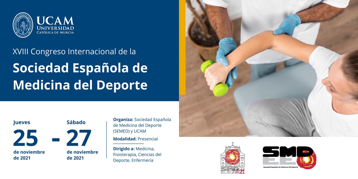 UCAM's tweet photo. 📢 XVIII Congreso Internacional de la Sociedad Española de Medicina del Deporte @femedeporte 

📆 25-27 noviembre
📍 Campus de Los Jerónimos

➡️ Inscripciones abiertas: https://t.co/Xe1NWluP5f https://t.co/TcR8wbRyDh
