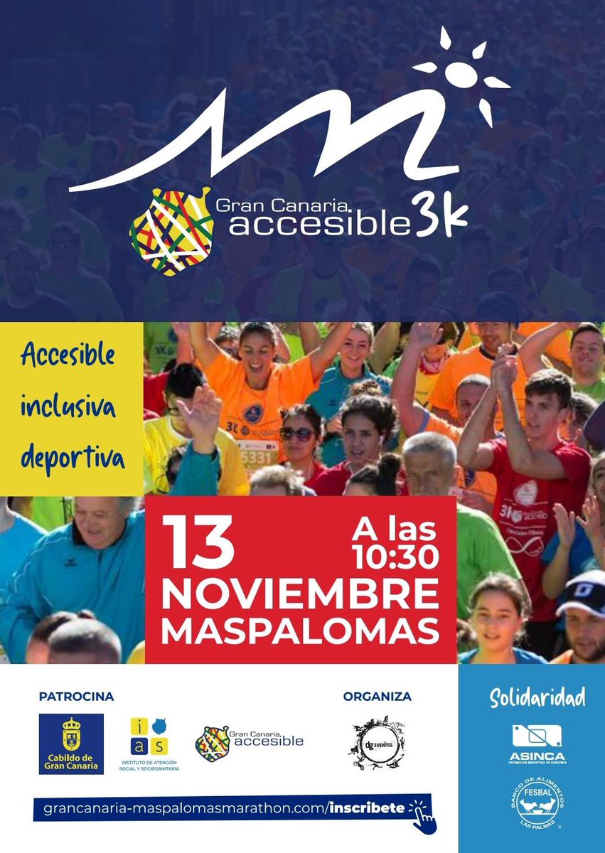 Ya queda menos para la fiesta de la inclusión, 3K Gran Canaria Accesible. 
Tendrá lugar en el Faro de Maspalomas, sábado 13 de nov a partir de las 10.00 h
Gratuita, para todas las edades y capacidades.
La inscripción: bit.ly/3EIk5me <a href="/grancaaccesible/">GC_Accesible</a> <a href="/GranCanariaSoc/">Gran Canaria Social</a>