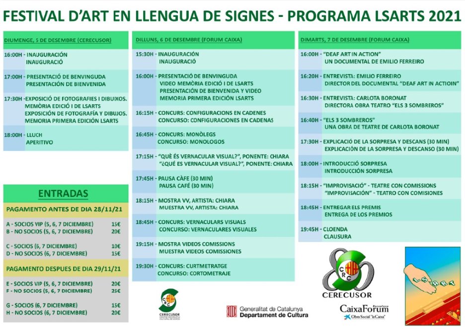 SomosExceps's tweet image. El cortometraje documental ARTE SORDA EN ACCIÓN se estrenará el martes, 7 de diciembre, en Barcelona, durante el Festival de Arte en Lengua de Signos LS-Arts 2021, organizado por el Centre Recreatiu Cultural de Persones Sordes de Barcelona. Entradas en: bit.ly/31AIXOq