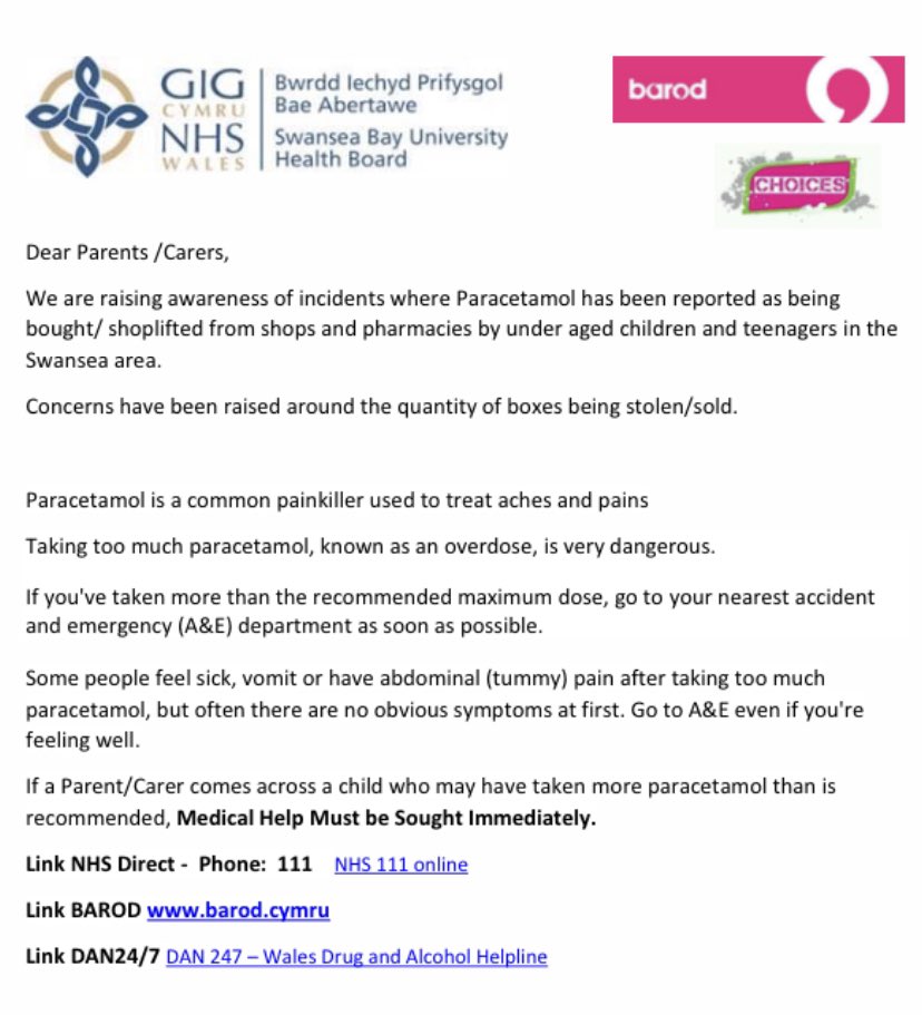MissJZJones's tweet photo. Swansea: Concerning reports surrounding paracetamol and young people. https://t.co/6xN3yoENjD