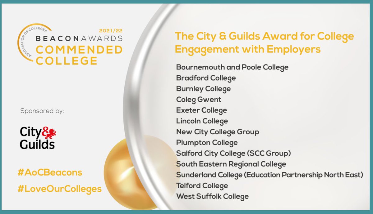 We're thrilled to be shortlisted for #AoCBeacons 'The City &amp; Guilds Award for College Engagement with Employers', and delighted to have been successful in reaching the AoC Beacon Standard and Commended Status. <a href="/AoC_info/">Association of Colleges (AoC)</a>
