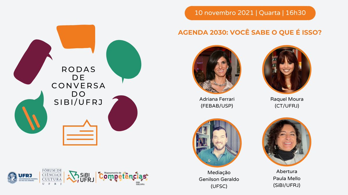 SIBI_UFRJ's tweet photo. Conheça os participantes da #rodasdeconversadosibi que acontecerá amanhã, dia 10/11.

Adriana Cybele Ferrari 
Raquel Piedade Moura 
A mediação será feita por Genilson Geraldo 

https://t.co/7QkpLlPdAT

#sibiufrj #ufrj #rodasdeconversa #Agenda2030 https://t.co/1gAwmVWICz