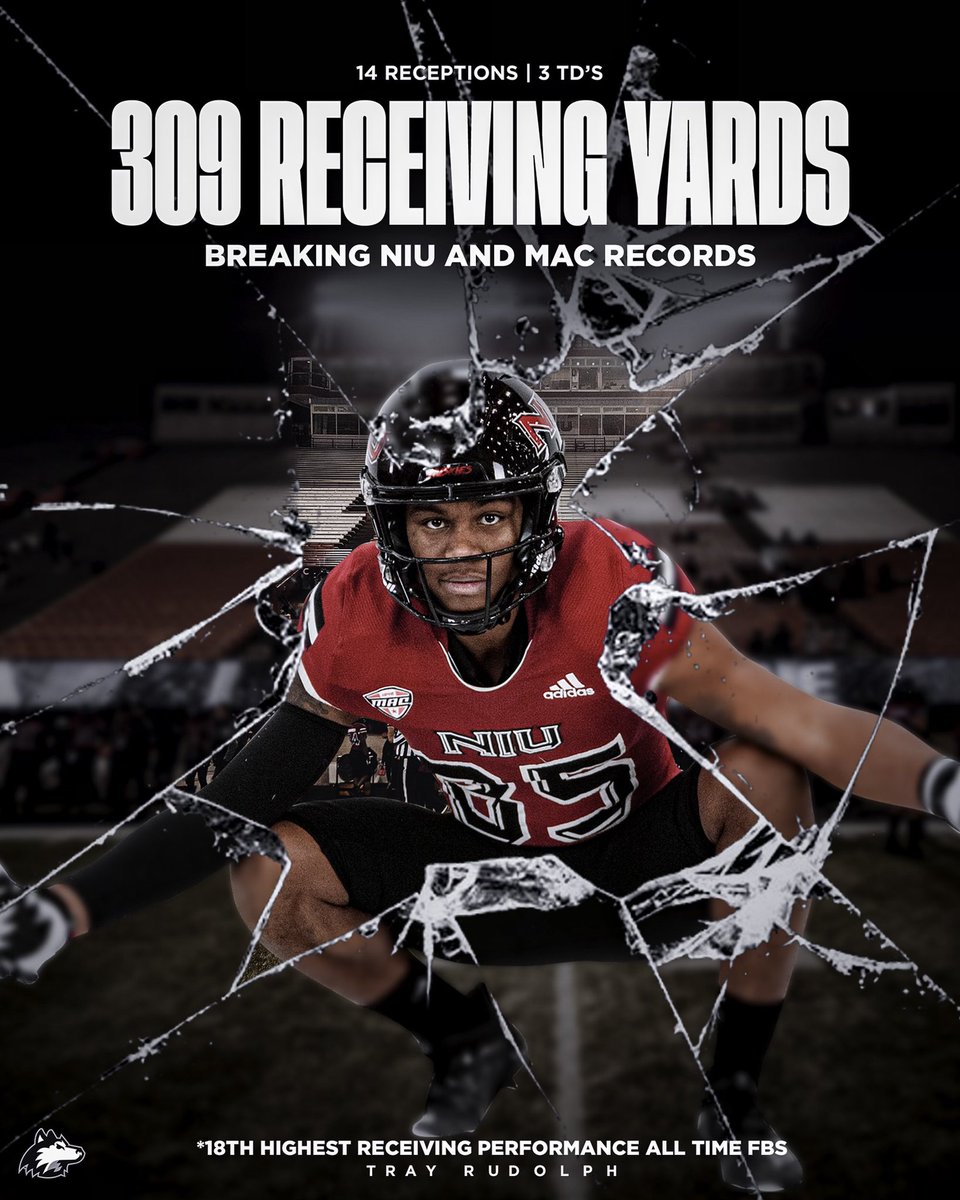 NIU_Football's tweet photo. RUDOLPH breaking RECORDS 🤜🏾💥

@RudolphTrayvon passed Sam Hurd’s single game receiving record with 309 yards against Kent St!!

NIU Record ✅
MAC Record ✅
18th best all-time performance in FBS ✅

#StalkWeek #BeatBallState #TheHardWay https://t.co/1nzVeyUSDt