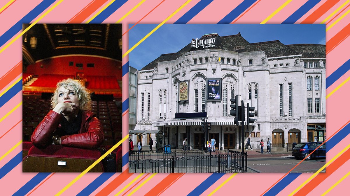 1. A blonde lady sits with rows of red velvet chairs lined behind her. 2. A white building with tall thin windows and a sign high up on the roof reading ‘The Broadway Theatre’. Both images are set against a graphic of pink, red, blue and yellow diagonal stripes.