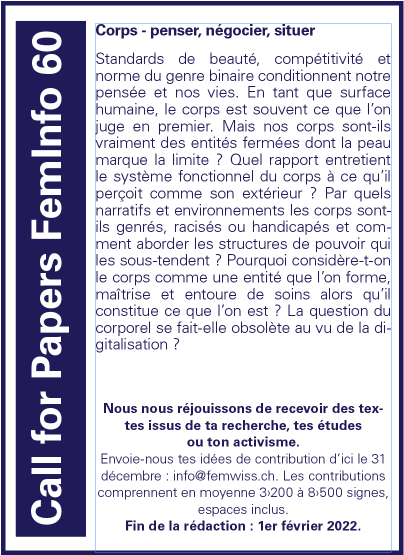 Fem_Wiss's tweet photo. Open Call FemInfo 60: Vous souhaitez publier votre travail ou votre article ? Dans ce cas, veuillez nous contacter à l'adresse info@femwiss.ch ! https://t.co/Rgkc3fQIIG