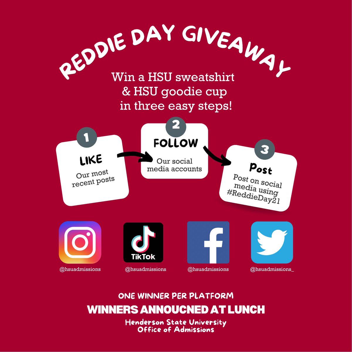 HSUAdmissions_'s tweet photo. If you are here for Reddie Day take part in our giveaway in 3 easy steps! #ReddieDay21 #LiveReddie https://t.co/8Sp9bsZsI7