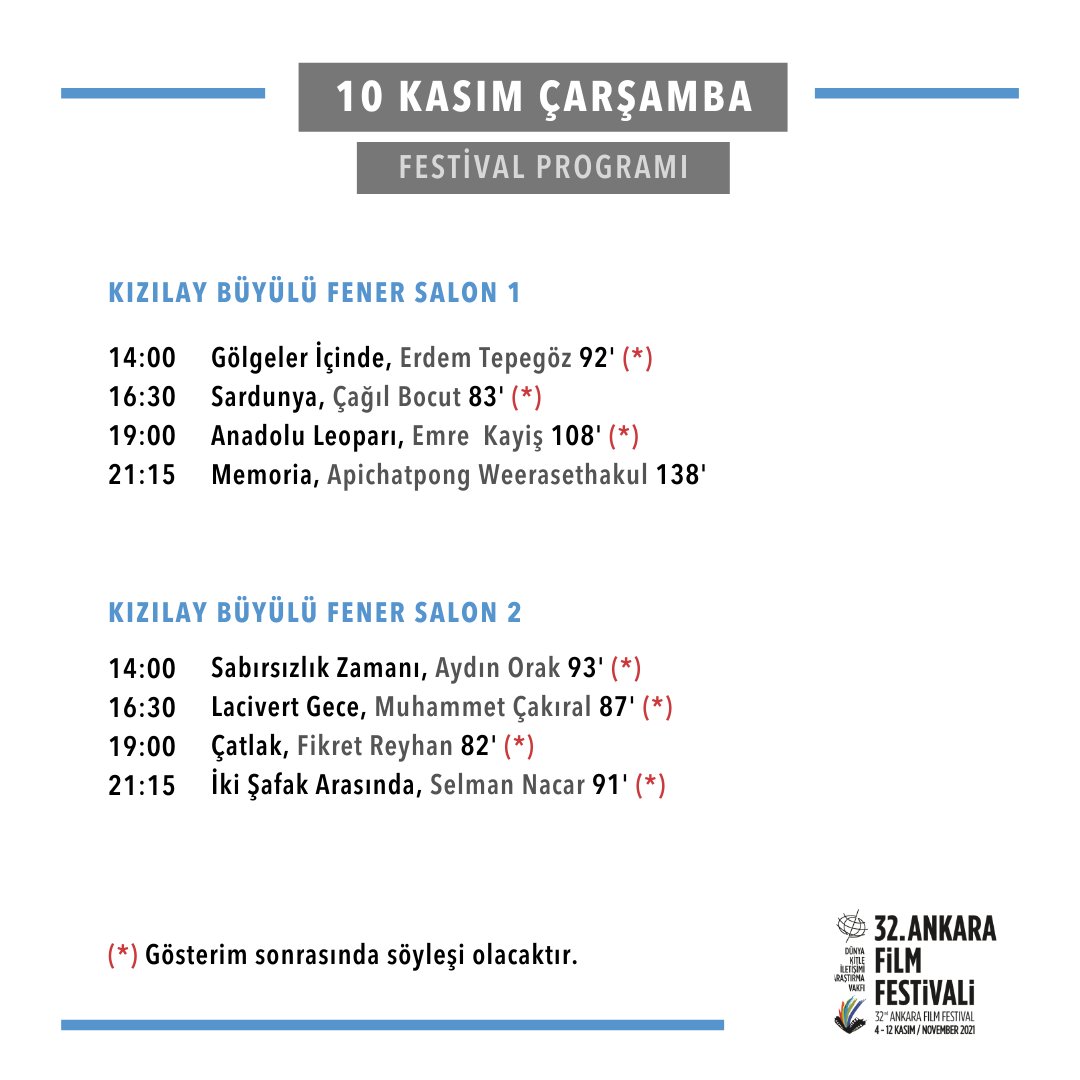 FESTİVALDE BUGÜN: 10 KASIM 2021

Gölgeler İçinde, Sabırsızlık Zamanı, Sardunya, Lacivert Gece, Anadolu Leoparı, Çatlak ve İki Şafak Arasında gösterimlerinden sonra film ekipleri izleyicilerle olacak!

12 Kasım'a dek sürecek festival altıncı gününde!

#32AnkaraFF #AnkaraFF2021