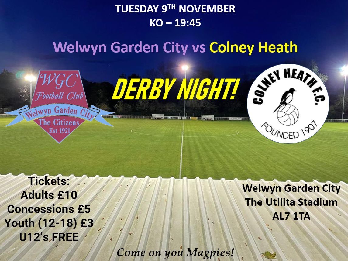 ColneyHeathFC's tweet image. 4️⃣ HOURS TILL KICK OFF | ⚽️

Come and support the lads and @Ant_Burns who takes charge of his first match tonight! ⚫️⚪️

📆: Tonight
⏰: 19:45
🆚: @WGCFC
📍: The Utilita Stadium, AL7 1TA
🎫: Adults £10, Concessions £5, Youth (12-18) £3, U12’s FREE