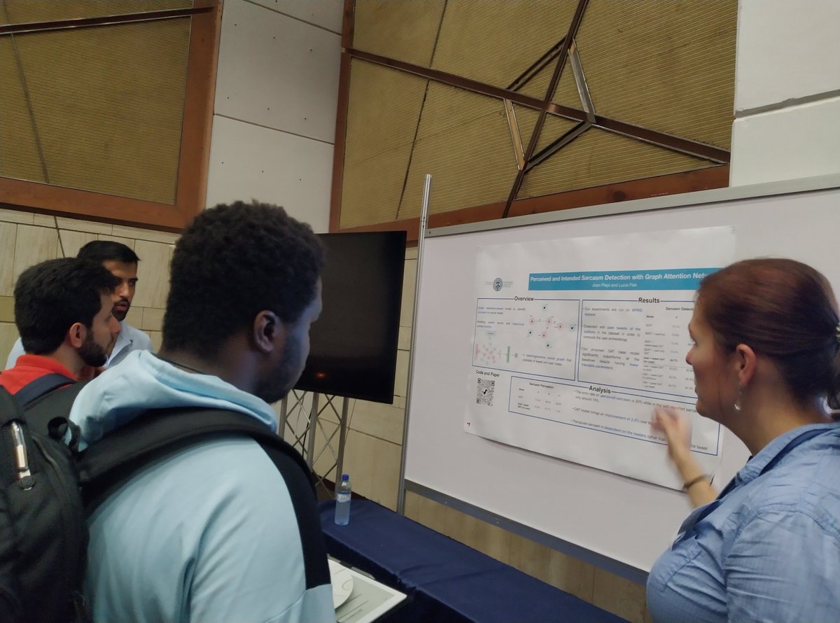 lucie_nlp's tweet photo. @JoanPlepi rocking the poster session with our GAT-based sarcasm prediction paper! Check it out in Bavaro3, before you pass by @ramitsawhney 's hypmix talk which starts in 10 min in the speech &amp; vision session (puntacana3)! #CaisaLab #EMNLP2021 https://t.co/gdQlIm8MJe