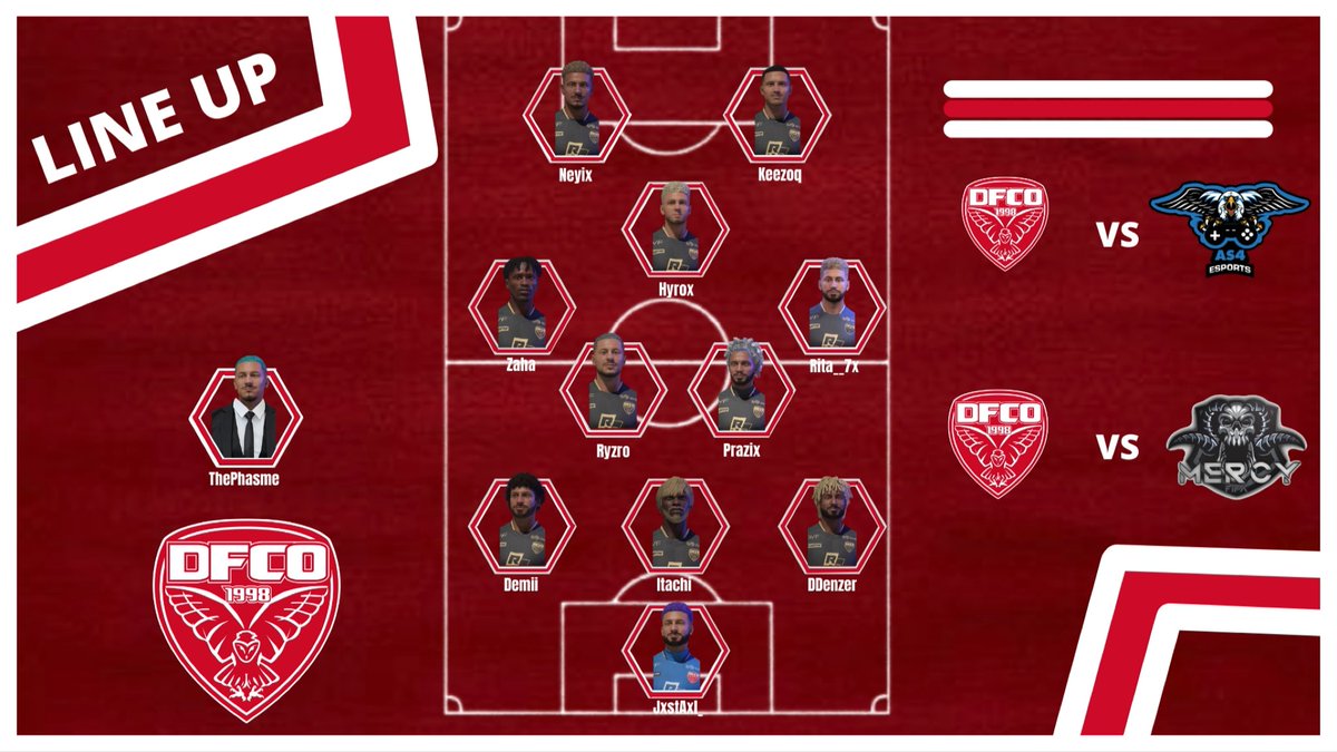 DFCO_Esport's tweet photo. Voici notre XI du soir, avec au programme :
🏆@VPGPremier DAY 12
🆚@as4esports
⏰21h45
🏆@VPGPremier DAY 13
🆚#MERCYFIFA
⏰22h15
#TEAMDFCO🔴⚫️ https://t.co/8bqFqUmdGt
