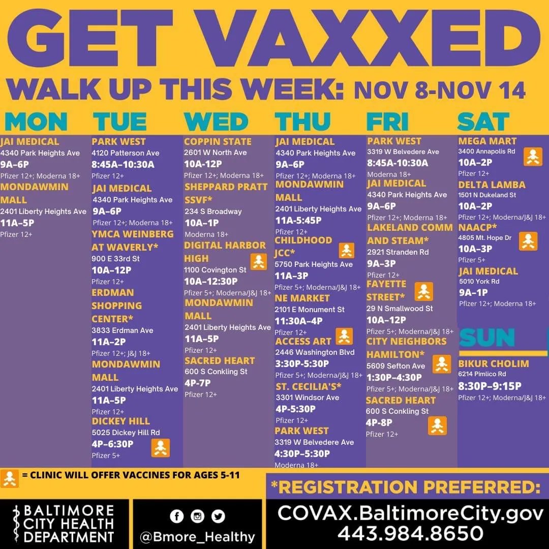 It’s a good week for you AND YOUR KIDS to get vaxxed! 💉

Access the full schedule at buff.ly/306mcB6

Register at buff.ly/3zkjp3R or call 443-984-8650.