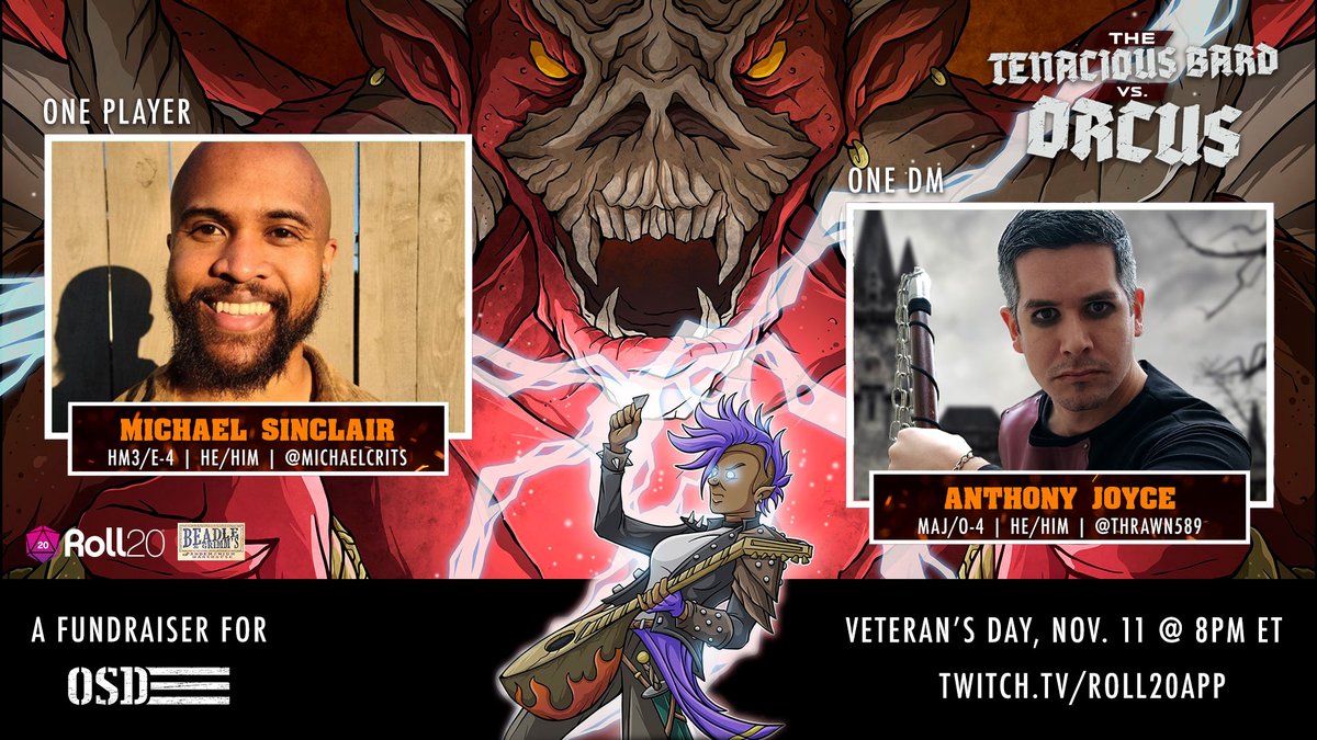 InitiativeQues1's tweet photo. This Veterans Day, 11 November support veterans and watch fun #dnd with our friends @Thrawn589 and @MichaelCrits
Donate now: https://t.co/TUqElAp9vt
Big thanks to @justicearman, @WarriorStreak and @BiancaBickford working behind the scenes!
#ttrpgsolidarity #weareosd https://t.co/SiGR7TL943