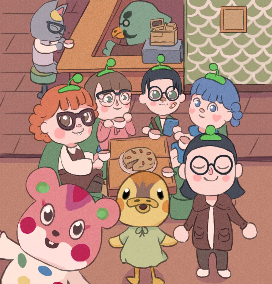 nookmori's tweet photo. Omg look at what Lana @WanderwoodGame drew! It’s the Bobble Head Coffee Gang! So cute!!! Love the addition of the little villagers too 💖 @Cooperside1 @timesnewromary @surfnturfs 
#acnhfanart #ACNH https://t.co/rXOor1H9TP