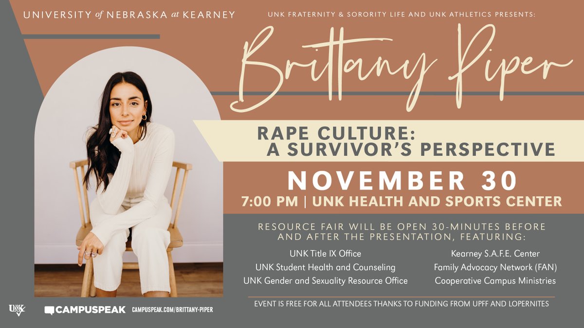 MARK YOUR CALENDARS NOW‼️‼️
Join <a href="/UNK_GreekLife/">UNK Fraternity and Sorority Life</a> &amp; <a href="/UNK_Athletics/">UNK Athletics</a> in the UNK Health and Sports Center on November 30 at 7pm for a powerful keynote titled "Rape Culture: A Survivor's Perspective". The event is FREE and OPEN to all at UNK and in the Kearney community. See you there!