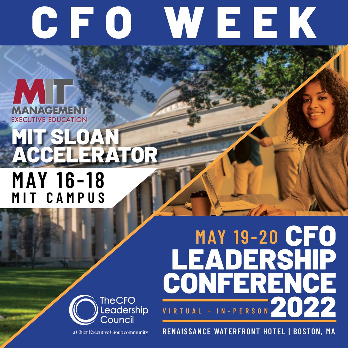 CFOLeader's tweet photo. 🎉CFO WEEK Is Back! 🎉 May 16-20, 2022
We are proud & honored to collaborate with MIT Sloan School of Management for the third time
Get ready to lead your company through disruption & rapid change! Enroll today at https://t.co/n4JiVqkDZE
#cfoweek #cfolc #mitsloan https://t.co/kod9nywhB7