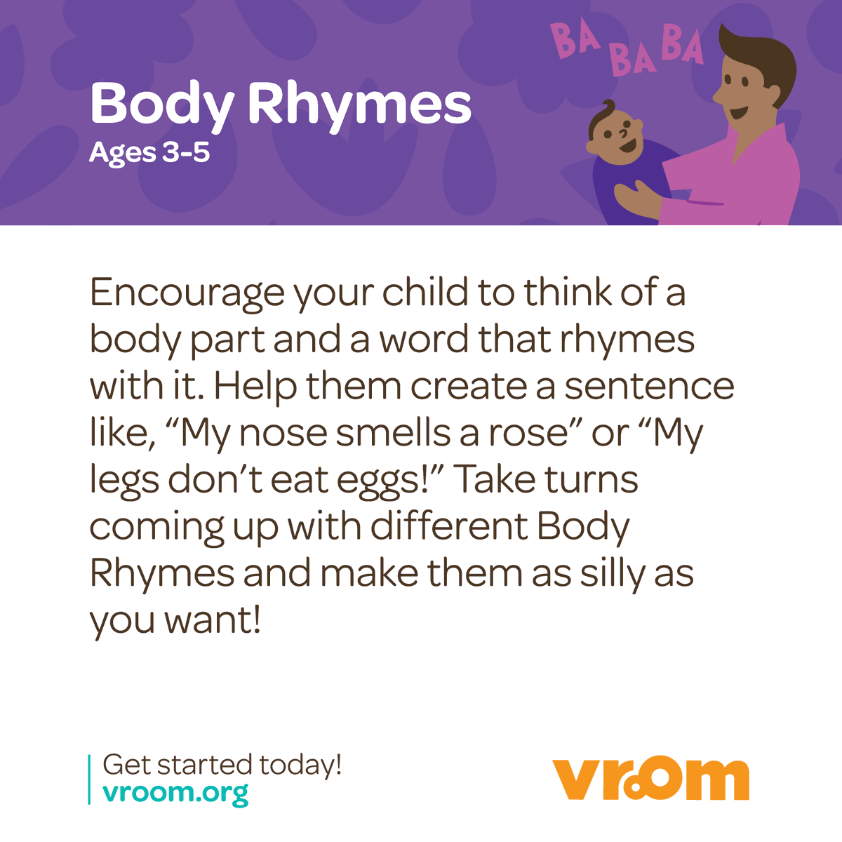 joinvroom's tweet photo. DYK that the simple act of rhyming can help your LO build a foundation for reading? Try this fun #VroomTip & check out the #BrainyBackground below. https://t.co/Sc1FBD8iag