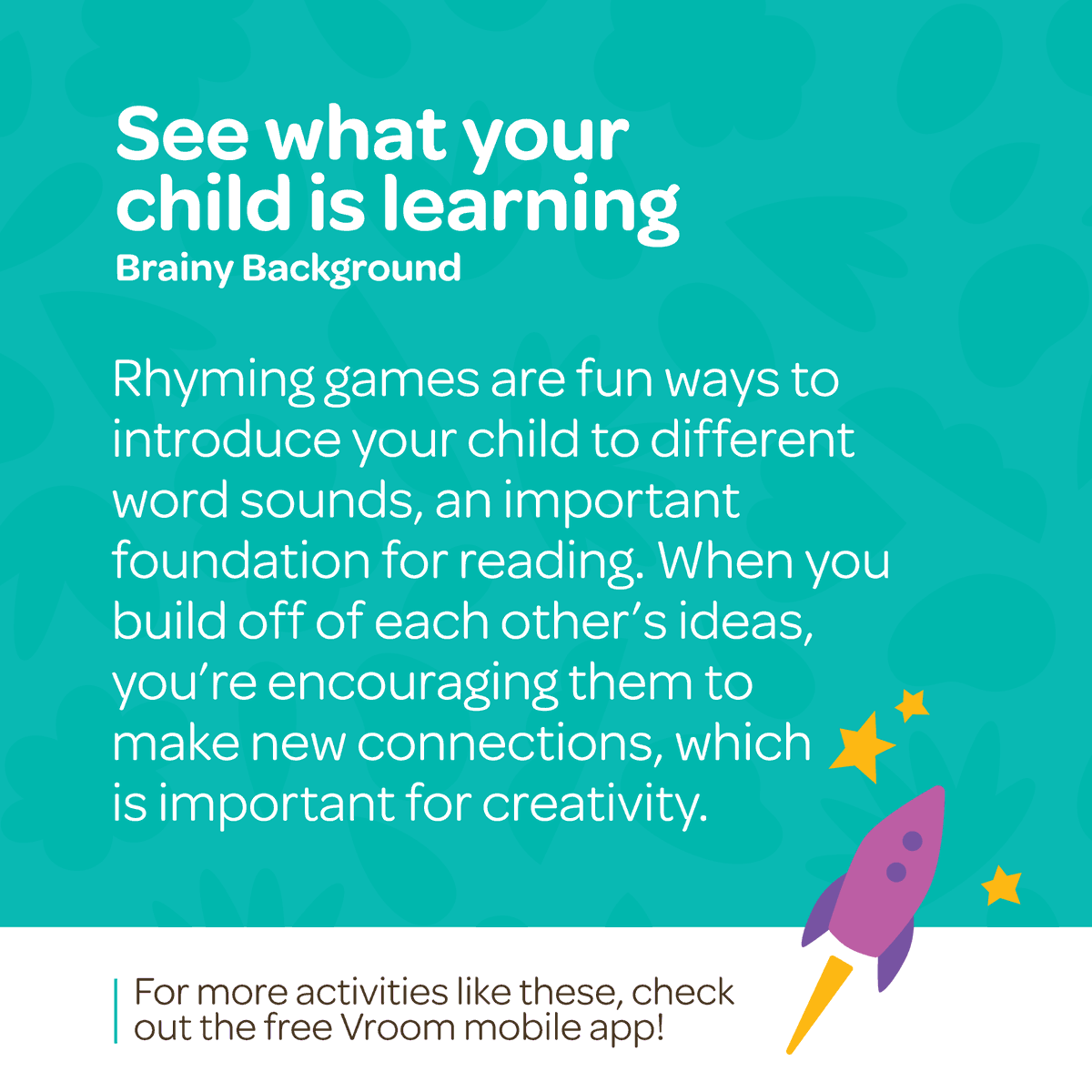 joinvroom's tweet photo. DYK that the simple act of rhyming can help your LO build a foundation for reading? Try this fun #VroomTip & check out the #BrainyBackground below. https://t.co/Sc1FBD8iag