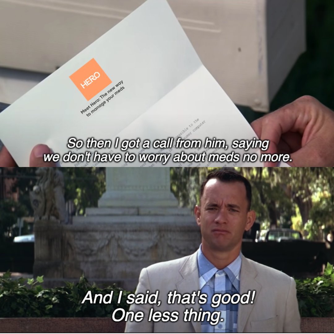 herohealth's tweet photo. If only everyone had a Lieutenant Dan to gift them a Hero subscription 👀 #MedicationManaged https://t.co/Kfu4ig4G3D