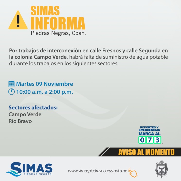 simaspn's tweet photo. #SIMASINFORMA
Por trabajos de interconexión en calle Fresnos y calle Segunda en la colonia Campo Verde, habrá falta de suministro de agua potable durante los trabajos en los siguientes sectores. ⚠🚧🚧
#EstamosTrabajando https://t.co/UsiV7ru2Wj