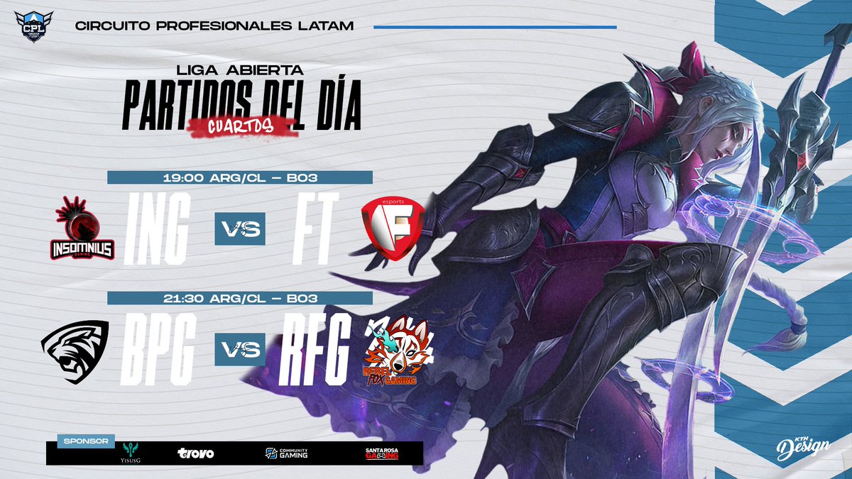 #SLCPL

Cerramos los cuartos de final con 2 series que no podes perderte para nada 🏆🏆

19:00hs <a href="/InsomniusGaming/">Insomnius Gaming</a> 🇨🇱 vs 🇨🇱 <a href="/Ft_esports/">FT esports</a> 
21:30hs <a href="/BPG_Oficial/">Black Panther Gaming</a> 🇨🇱 vs 🇨🇱 @RebelFoxGaming1 

📺Lo vivis por nuestro canal trovo.live/circuitosprola…