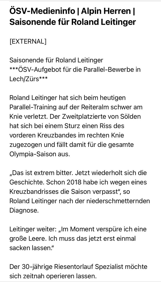 eWilmedia's tweet photo. „This is extremely bitter.“

#Sölden runner-up Roland #Leitinger out for the season after tearing ACL in right knee.
#FISAlpine #LechZürs https://t.co/7qfpbM2bIp