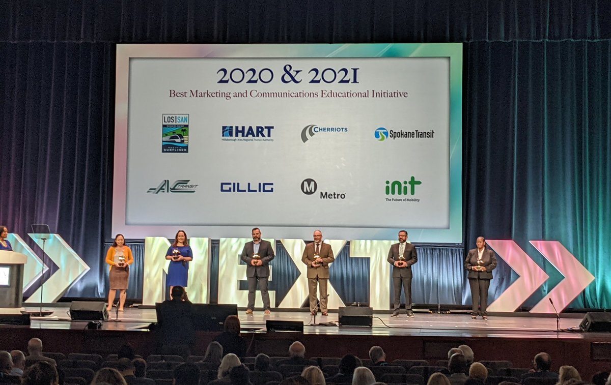 GoHART's tweet photo. We finally get to take our 2020 #AdWheel home! The HART Marketing team won the Grand Award for Marketing/Communications Education Initiative for our #RideWithRespect video! Latisha Jones (star of the video) accepted the award!

Winning 🎥: https://t.co/AFwRvSXbZD #APTATransform21 https://t.co/LzAsPzbMgO