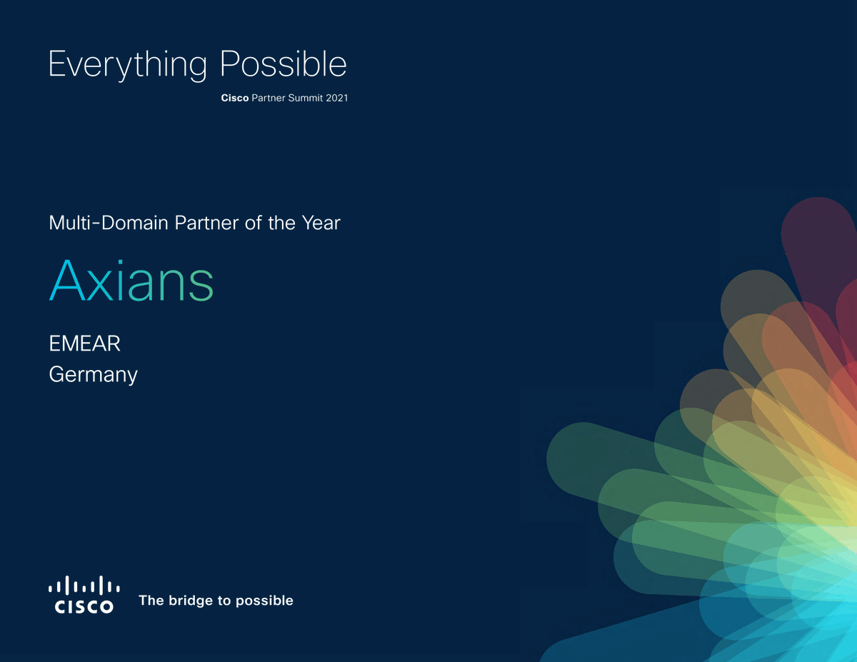 Cisco_Germany's tweet photo. Der Multi-Domain Partner of the Year ist die @AxiansDE. Der starke Fokus auf Automatisierung und Multi-Domain wird Stück für Stück auf den gesamten Kundenstamm angewandt und demonstriert die hervorragende Ausrichtung auf unsere strategischen Prioritäten.Tolle Leistung! #CiscoPS21 https://t.co/cntIWNZu2R