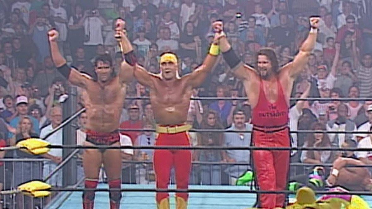 Lessthan2000's tweet photo. The most significant event in #prowrestling history...at Bash at the Beach 1996.  #HulkHogan turned heel and formed the #nWo.

#wcw #90swrestling #kevinnash #scotthall #bashatthebeach1996 https://t.co/qPhjdT9eEr