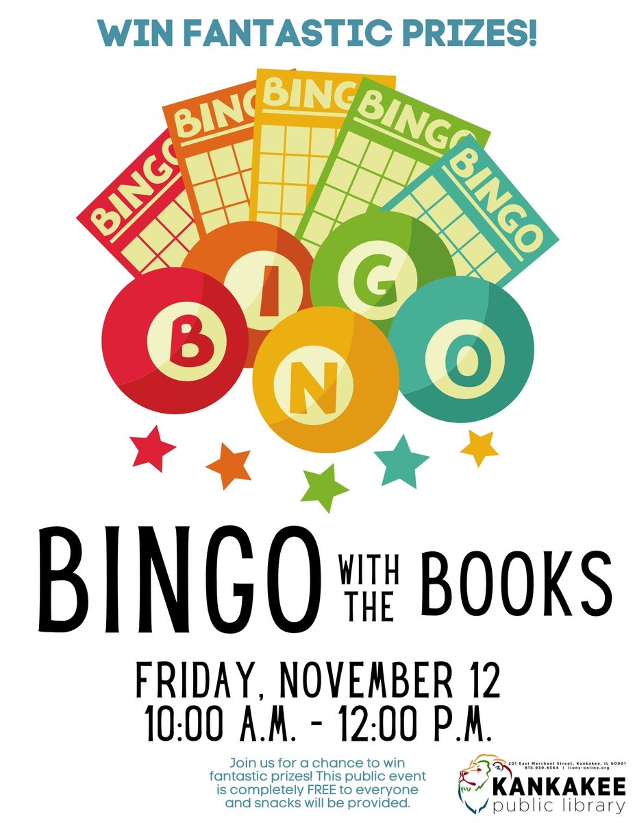 KankakeeLibrary's tweet image. See you this Friday for Bingo! 🎉 #Bingo #KankakeePublicLibrary #KankakeeCounty #FreeBingo