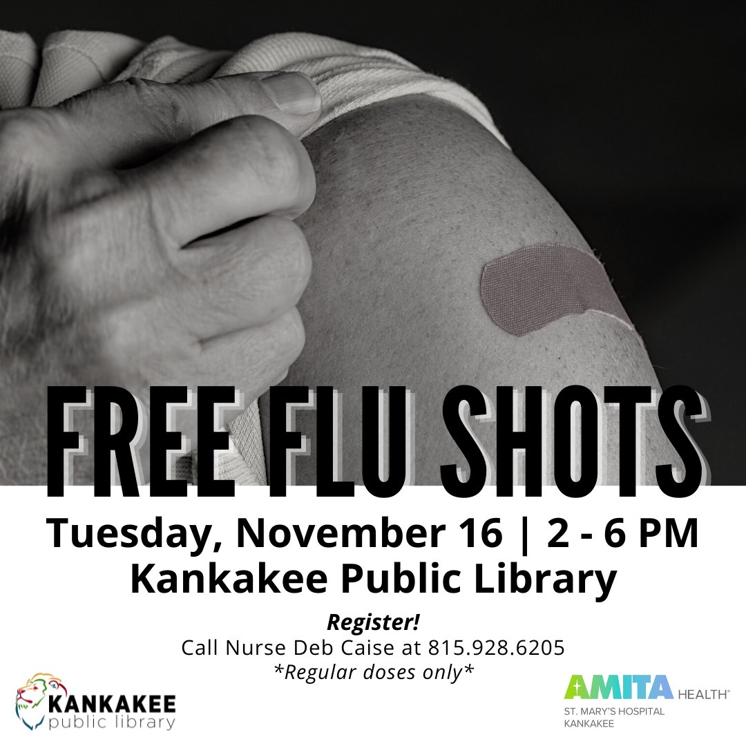 KankakeeLibrary's tweet image. Happening here at the Library on November 16! #FreeFluShots #KankakeePublicLibrary
