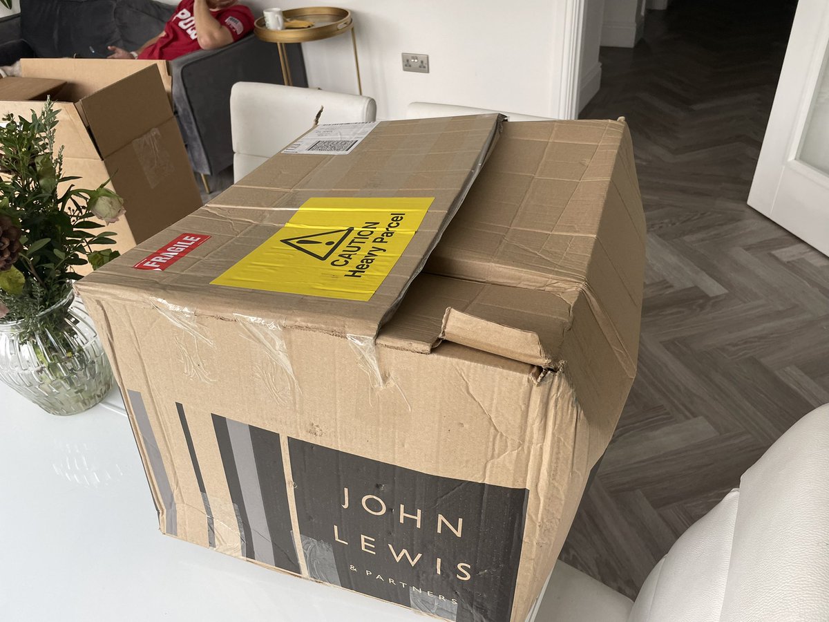 travelmadtony's tweet photo. @JohnLewisRetail why do you continue to use @Hermesparcels to deliver anything never mind crockery it always takes longer than @RoyalMail who give great service - look at the state of the box Hermes don’t care what’s in it despite fragile sticker 🙏🏻 the plates and bowls survived https://t.co/69xf7CNpoo