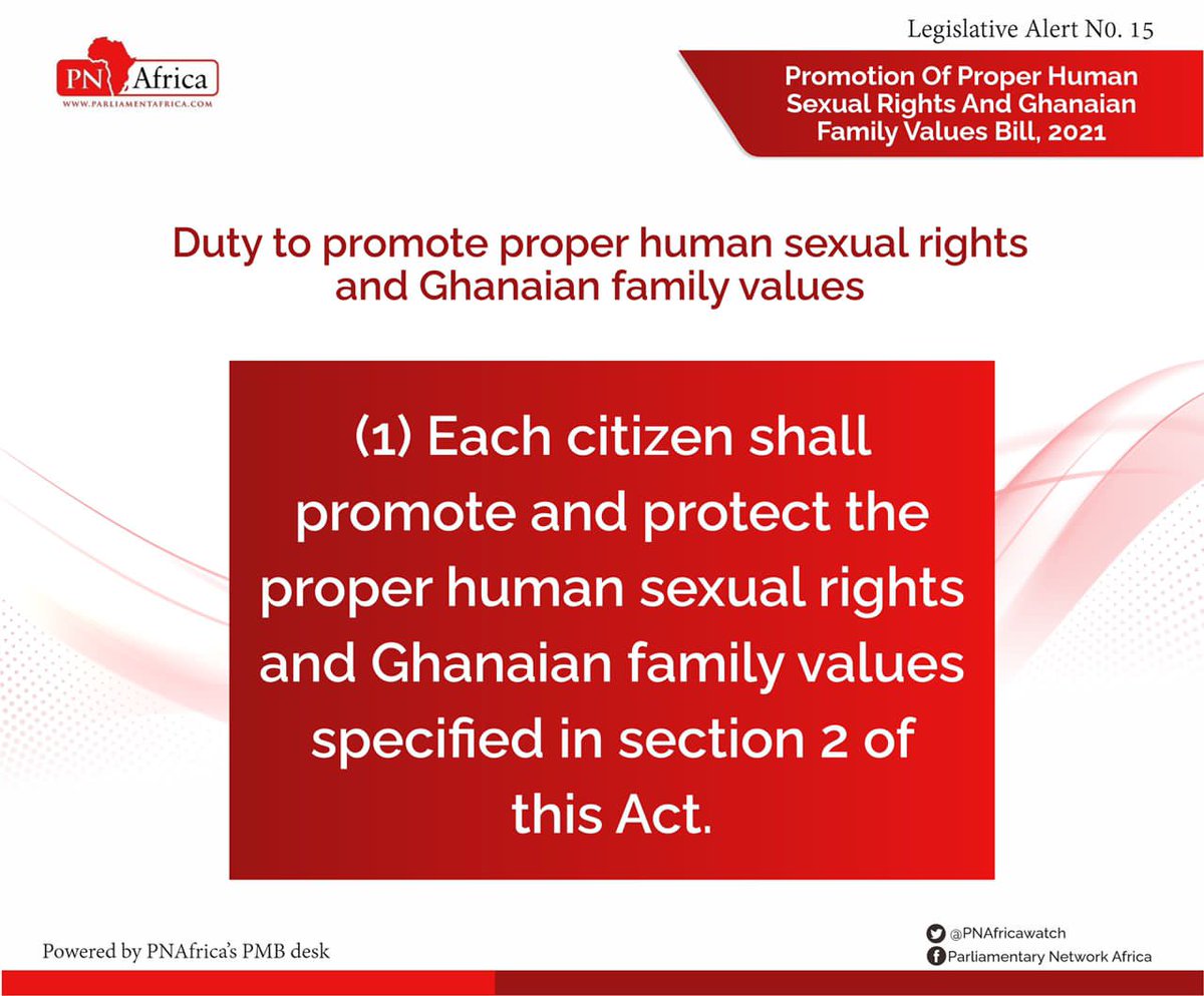 PNAfricawatch's tweet photo. Clause 3 of the Promotion Of Proper Human Sexual Rights &amp; Ghanaian Family Values Bill, 2021, imposes a duty on every citizen to promote &amp; protect proper human sexual rights &amp; Ghanaian family values as defined in the Bill.
Follow this space for more updates on the Bill. https://t.co/TEw3fmy1HH