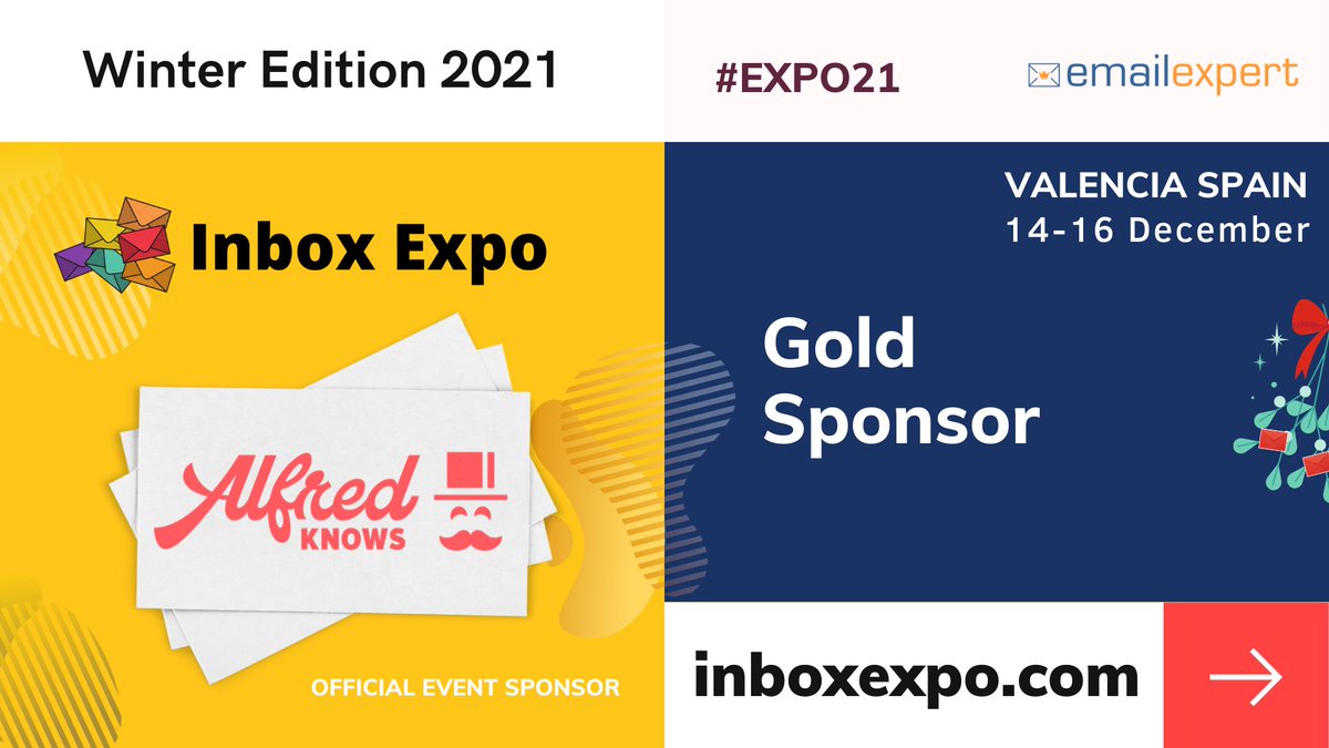 inboxexpo's tweet photo. ๐ฃ Sponsor Announcement:
๐ AlfredKnows @emailindustries
๐ฅ GOLD Sponsor @InboxExpo
๐ด in person in Valencia, Spain
๐ 14-16 December
Learn more https://t.co/VQr5sJjMpl
#expo21 #Email #Deliverability #emailconference #InboxExpo2021 https://t.co/CD3nCZDAzX