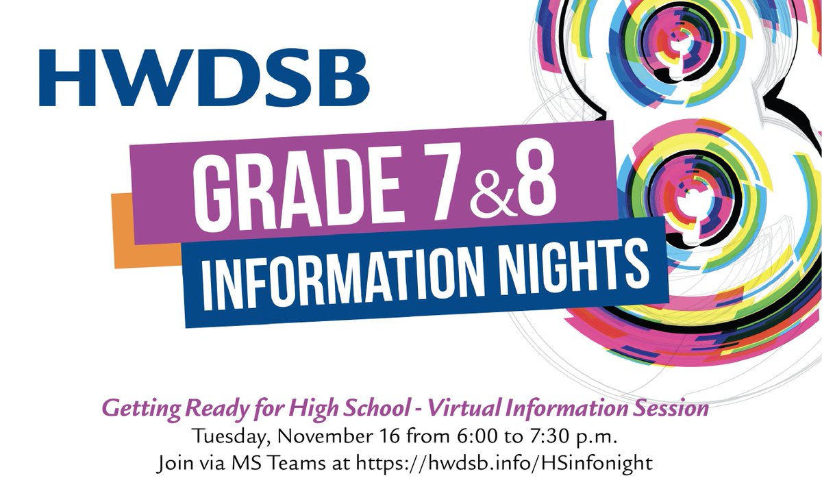 Grade 7 and 8 students and their families are invited to attend a board presentation about secondary school at HWDSB 🎒

The MS Teams event takes place on November 16 from 6 – 7 p.m. and will cover timelines, processes, and more.

Learn how to attend: hwdsb.on.ca/blog/elementar…