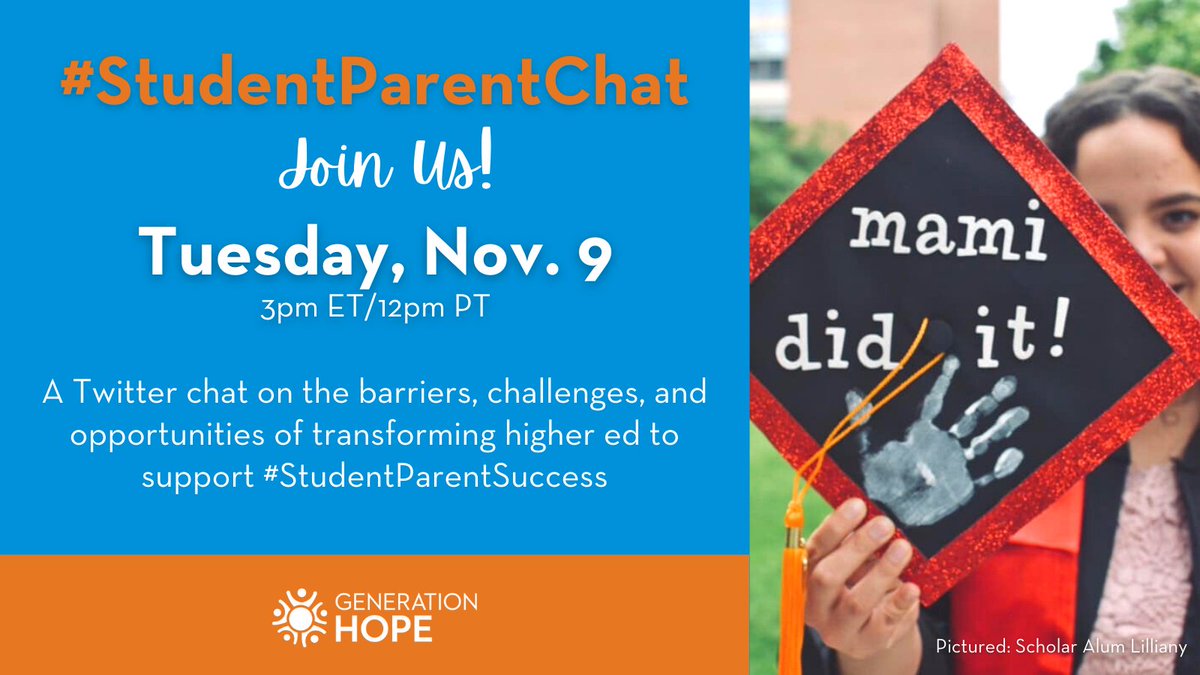 TODAY! Join us at 3pm ET for #StudentParentChat! We'll discuss barriers &amp; opportunities for transforming #HigherEd to support #StudentParents, informed by what we heard from parenting students, higher ed leaders, &amp; funders, detailed in our new report: utm.guru/udWh0